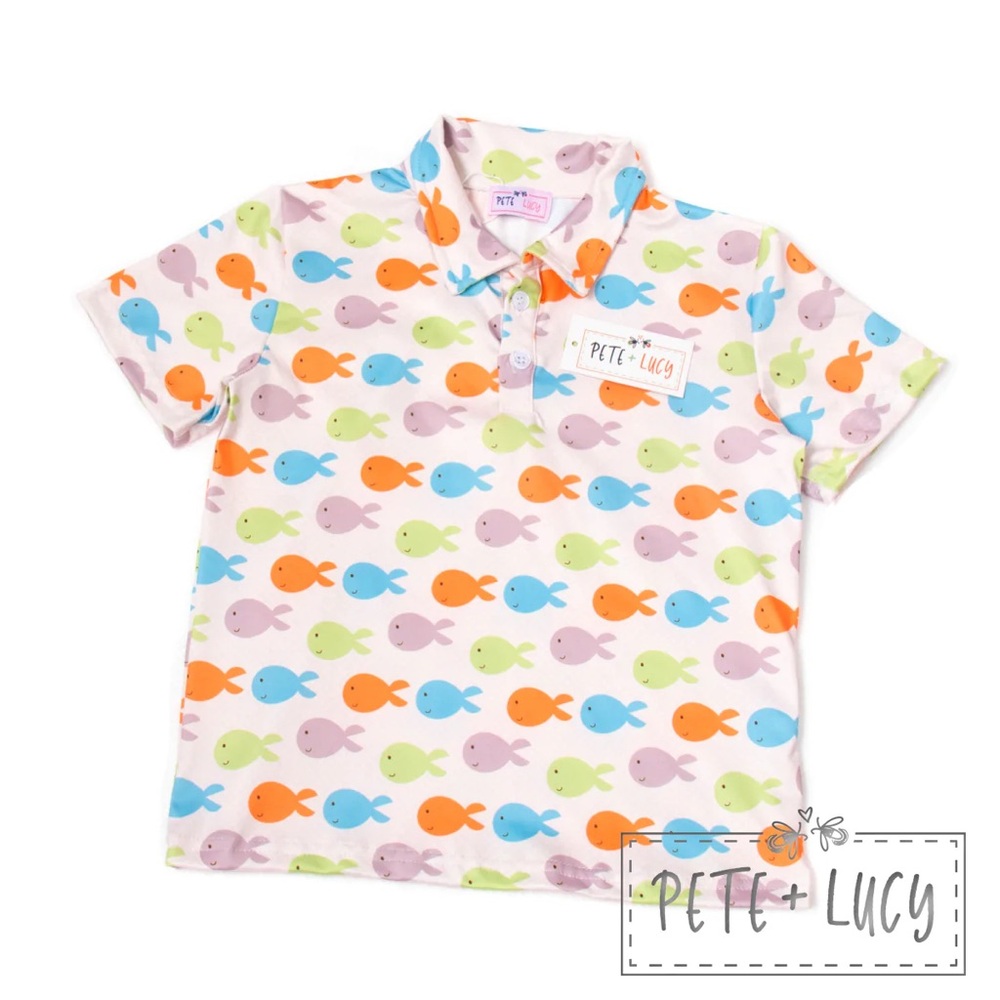 Pete + Lucy Colorful  come swim with me Fish Print Polo Shirt